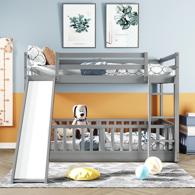 Twin Over Twin Bunk Bed with Slide and Ladder, Gray(Old SKU:LP000009AAE)