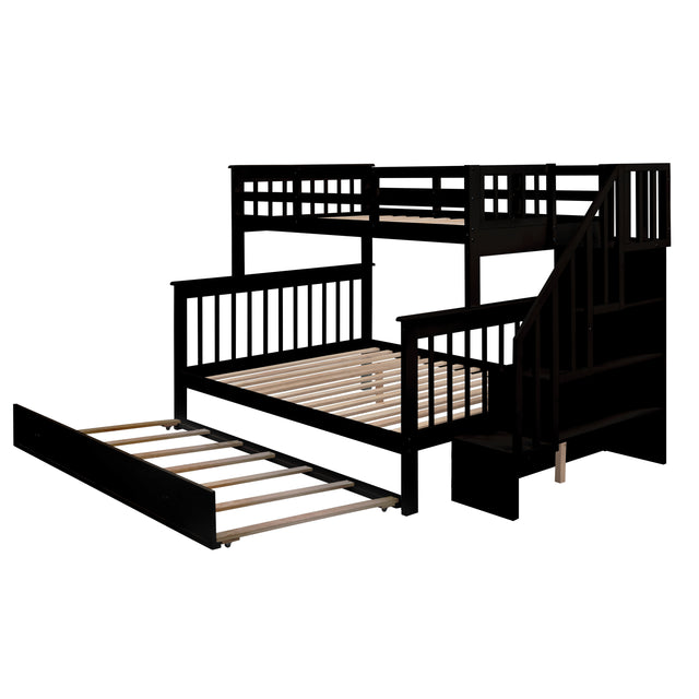Stairway Twin-Over-Full Bunk Bed with Twin size Trundle, Storage and Guard Rail for Bedroom, Dorm, for Adults, Espresso (OLD SKU :LP000119AAP)