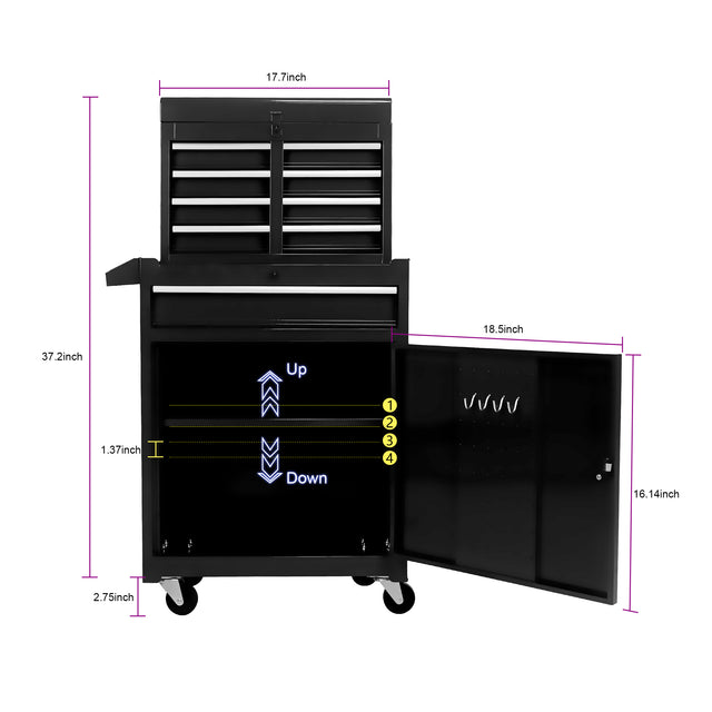 Detachable 5 Drawer Tool Chest with Bottom Cabinet and one Adjustable Shelf--Black