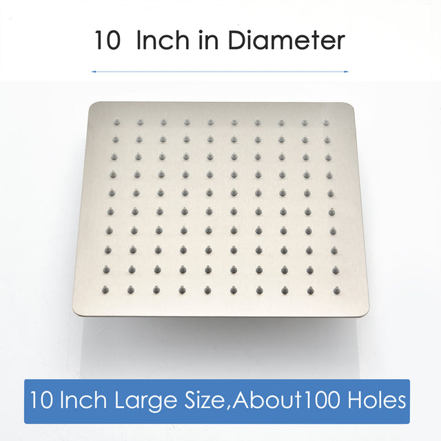 10" Square Rainfall & High Pressure Stainless Steel Bath Showerhead, Waterfall Full Body Coverage With Silicone Nozzle