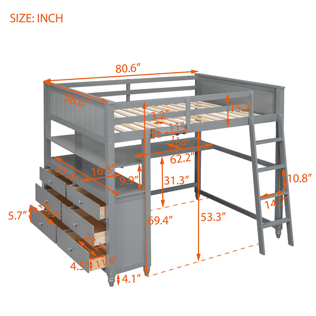 Full size Loft Bed with Drawers and Desk, Wooden Loft Bed with Shelves - Gray(OLD SKU:LT000529AAE)