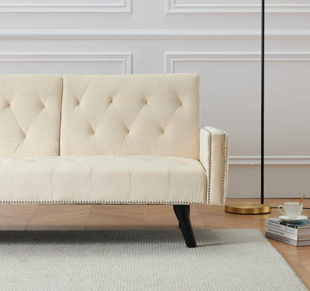 1730 Sofa Bed Armrest with Nail Head Trim with Two Cup Holders 72" Beige Velvet Sofa for Small Spaces