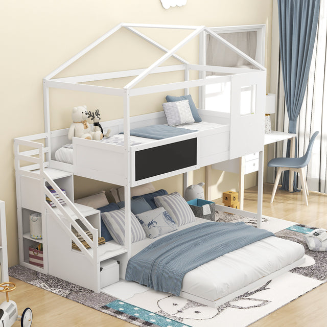 Twin over Full House Bunk Bed with Storage Staircase and Blackboard,White
