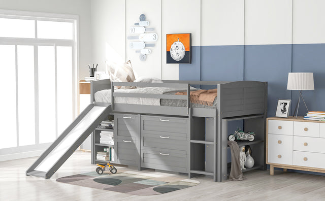 Low Twin Size Loft Bed with Cabinets, Shelves and Slide - Gray(OLD SKU :LP000503AAE)