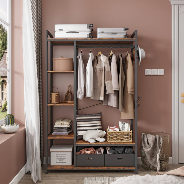 JHX Organized Garment Rack with Storage, Free-Standing Closet System with Open Shelves and Hanging Rod(Rustic Brown,45.3’’w x 15.75’’d x 70.08’’h).