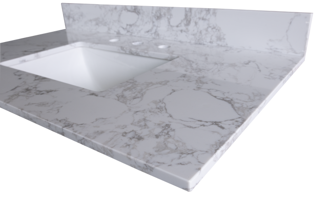 Montary 43‘’x22" bathroom stone vanity top engineered stone carrara white marble color with rectangle undermount ceramic sink and 3 faucet hole with back splash .