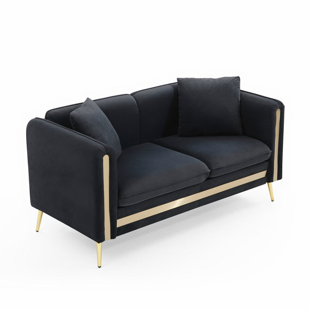 59” Modern Upholstered Velvet Loveseat Sofa 2 Seater Couch with Removable Cushions Side Pocket Mid-Century Tufted Living Room Set Gold Metal Legs ,2 Pillows Included,Black