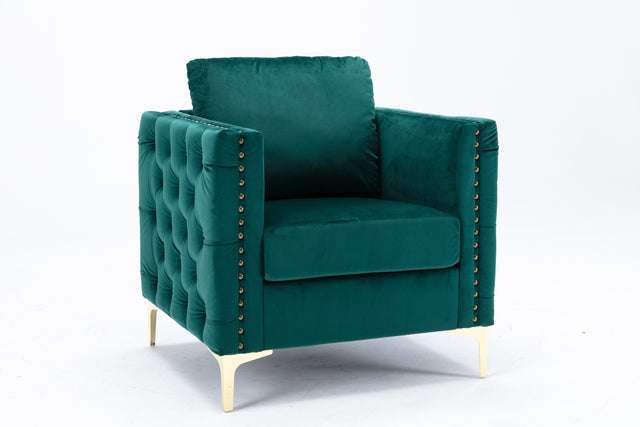 Modern Velvet Armchair Tufted Button Accent Chair Club Chair with Steel Legs for Living Room Bedroom,Green