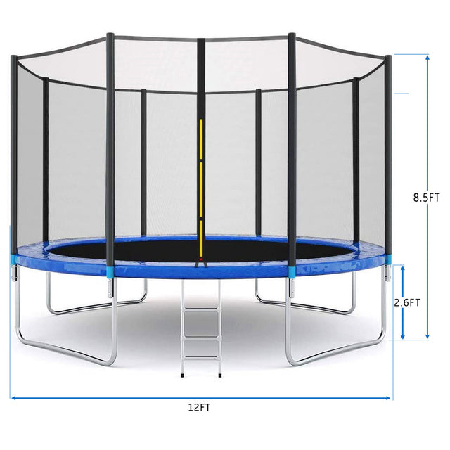 12FT Round Trampoline with Safety Enclosure Net & Ladder, Spring Cover Padding,