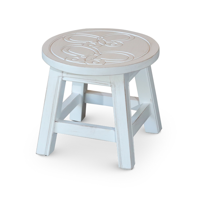 Carved Wooden Step Stool, Butterflies, Antique White