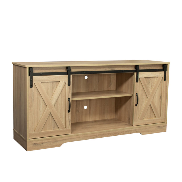 TV Stand Sliding Barn Door Modern&Farmhouse Wood Entertainment Center, Storage Cabinet Table Living Room with Adjustable Shelves for TVs Up to 65", Rustic Oak