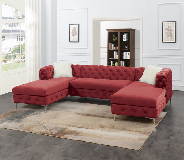 Gorgeous Living Room U-Sectional Burgundy Velvet Tufted Cushion Couch LAF And RAF Chaise Armless Loveseat