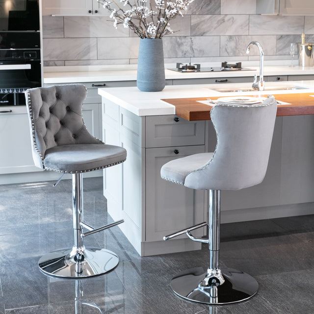 A&A Furniture,Swivel Velvet Barstools Adjusatble Seat Height from 25-33 Inch, Modern Upholstered Chrome base Bar Stools with Backs Comfortable Tufted for Home Pub and Kitchen Island(Gray,Set of 2)