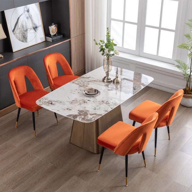 A&A Furniture,Akoya Collection Modern | Contemporary Velvet Upholstered Dining Chair with Nailheads and Gold Tipped Black Metal Legs, Orange,Set of 2