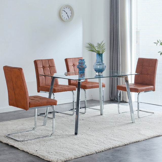 Glass Dining Table, Dining Chair set, 4 Brown Embedded Button Dining Chairs and 1 Dining Table .Table Size 51" W x 31"D x 30" H