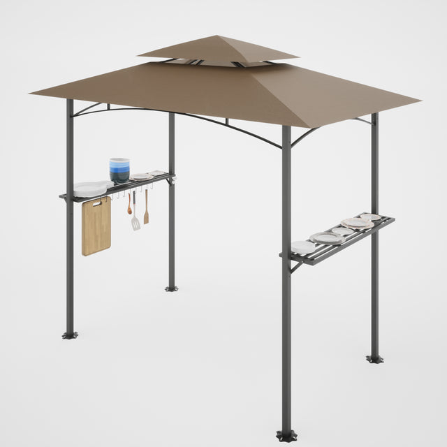 8 x 5 FT Grill Gazebo Grill Canopy Double Tiered BBQ Gazebo Outdoor BBQ Canopy, Khaki