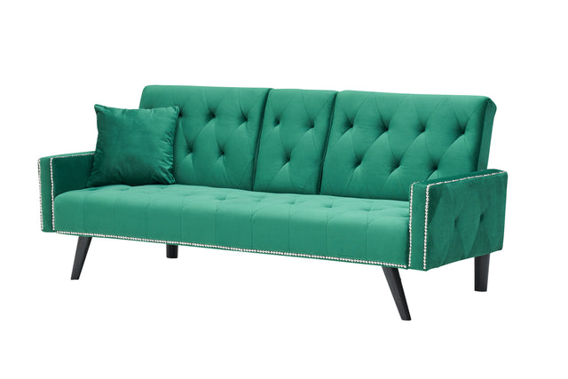 1730 Sofa Bed Armrest with Nail Head Trim with Two Cup Holders 72" Green Velvet Sofa for Small Spaces