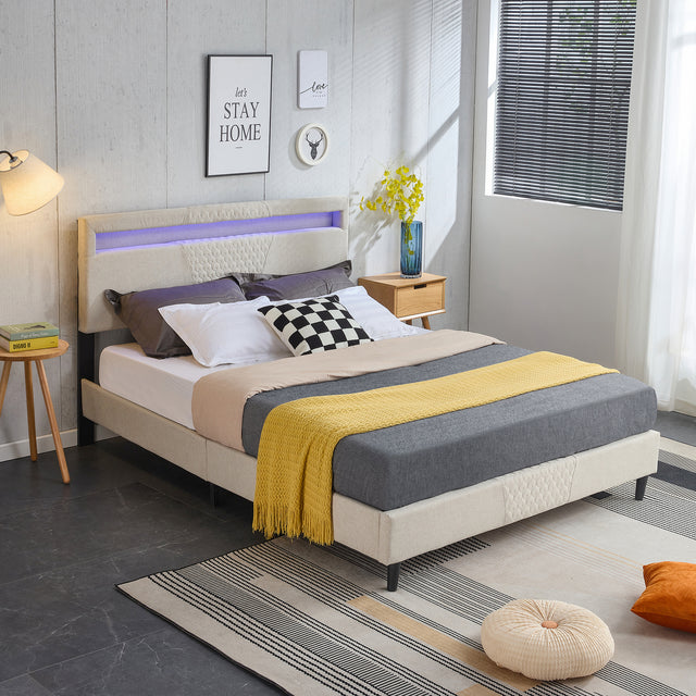 King Size Bed Frame, Modern Upholstered Platform Bed Frame with LED Lights and Height Adjustable Headboard, No Box Spring Needed/Easy Assembly/Pack in 1-Box/Noise-Free (Off white, King)