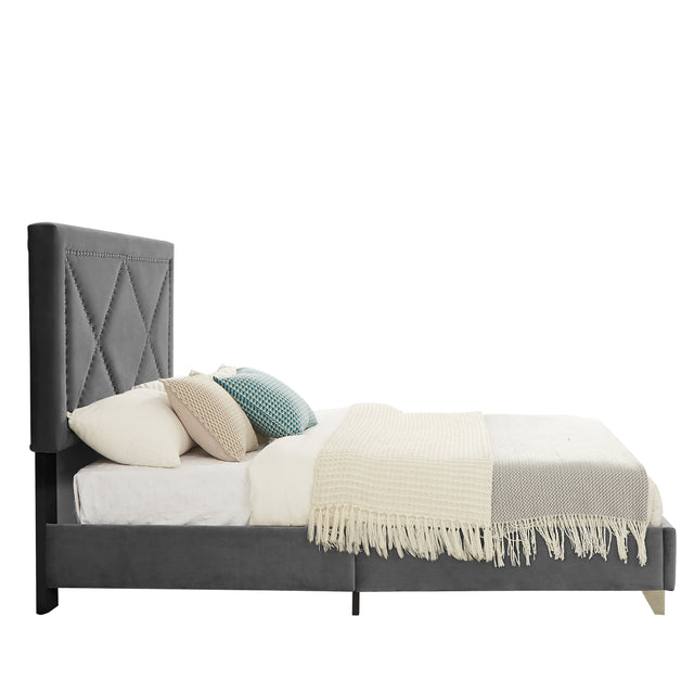 B109 Soft mattress with copper nail headboard, Queen bed, strong wooden slats + metal support feet, Gray Flannelette