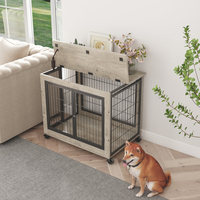 Furniture Style Dog Crate Side Table on Wheels with Double Doors and Lift Top. (Grey,31.50’’W*22.05’’D*25’’H)