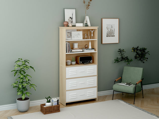 Storage Cabinet,Moline standard bookcase, 6-Shelf, Multipurpose Shelf Display Rack with Classic Tubes, Open Shelf, Industrial Bookshelf with 3 metal drawers, Space Saving