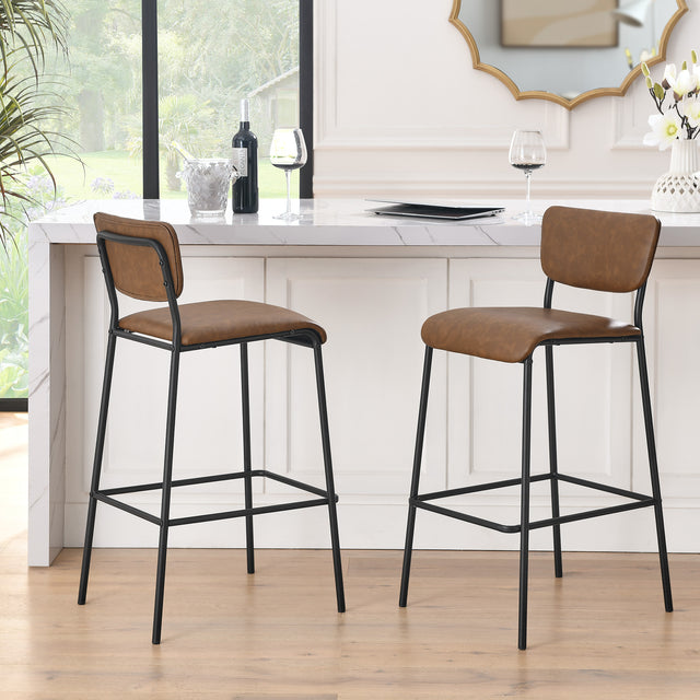 Pu Faux Leather Bar Stools Set of 2, Pub Barstools with Back and Footrest, Brown (18.25"x20“x38.5”)