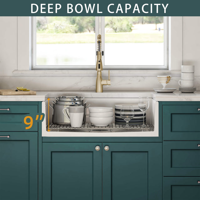 33 Inch Fireclay Farmhouse Kitchen Sink White Single Bowl Apron Front Kitchen Sink, Bottom Grid and Kitchen Sink Drain Included