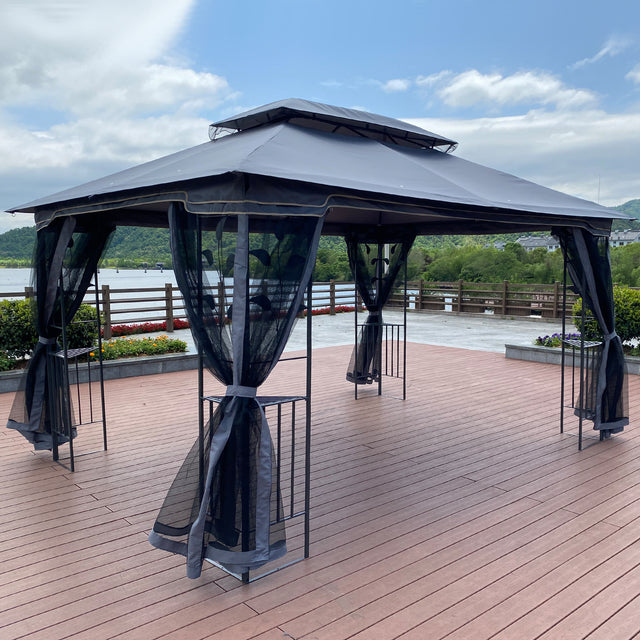 13x10 Outdoor Patio Gazebo Canopy Tent With Ventilated Double Roof And Mosquito net(Detachable Mesh Screen On All Sides),Suitable for Lawn, Garden, Backyard and Deck,Gray Top