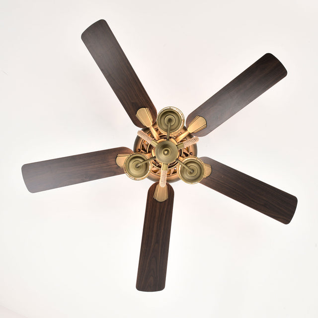 52inch Bronze Metal 3 Lights Ceiling Fan with 5 Wood Blades, Two-color fan blade, AC Motor, Remote Control, Reversible Airflow, Multi-Speed, Adjustable Height, Traditional Ceiling Fan