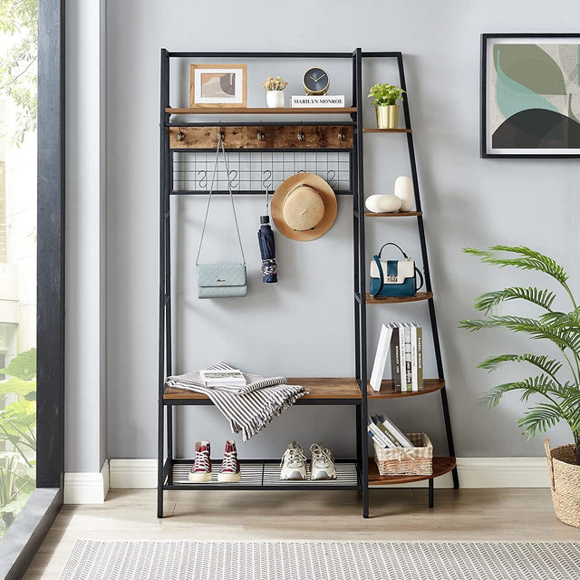 Entryway Coat Rack/ Hall Tree with Bookshelves, Multiple Hooks, and Bench Seat