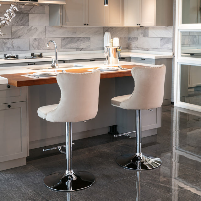 A&A Furniture,Swivel Velvet Barstools Adjusatble Seat Height from 25-33 Inch, Modern Upholstered Chrome base Bar Stools with Backs Comfortable Tufted for Home Pub and Kitchen Island(Khaki,Set of 2)