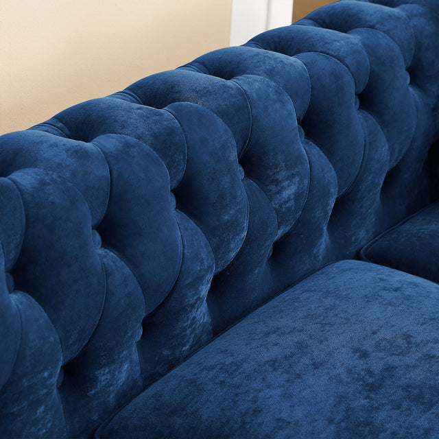 MH 80" Deep Button Tufted Upholstered Roll Arm Luxury Classic Chesterfield L-shaped Sofa 3 Pillows Included, Solid Wood Gourd Legs, Blue velvet