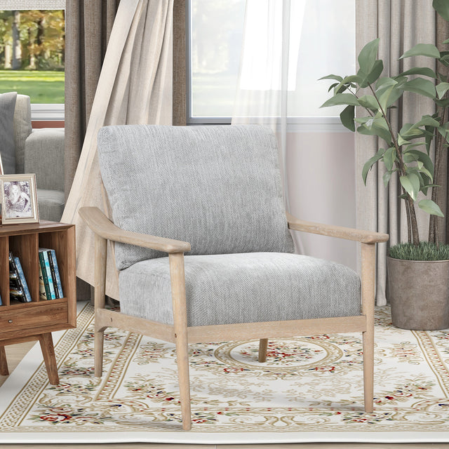 【EAT 3.10】Mid Century Modern Chair with Solid Wood Frame,Arm Chair with Vertical Slatted Back,Thick Pad Upholstered Accent Chair for Living Room, Bedroom, Belcony, Natural