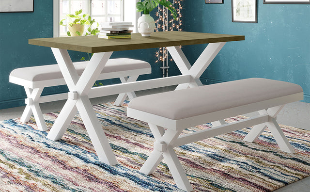 TOPMAX 3 Pieces Farmhouse Rustic Wood Kitchen Dining Table Set with 2 Upholstered Benches, Gray Green+White+Beige