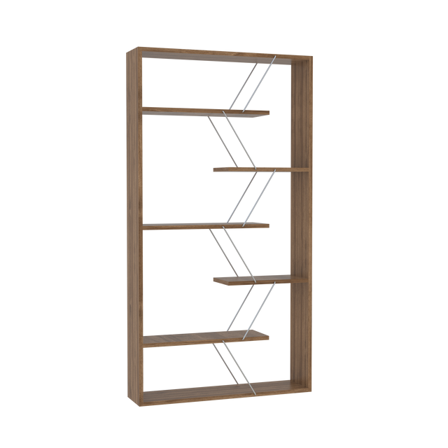 Furnish Home Store Wood Frame Etagere Open Back 6 Shelves Bookcase Industrial Bookshelf for Office and Living Rooms Modern Bookcases Large Bookshelf Organizer, Walnut/Chrome