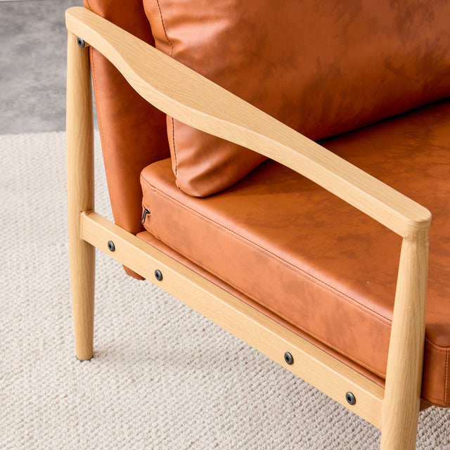PU Leather Accent Arm Chair Mid Century Modern Upholstered Armchair with Imitation solid wood color Metal Frame Extra-Thick Padded Backrest and Seat Cushion Sofa Chairs for Living Room