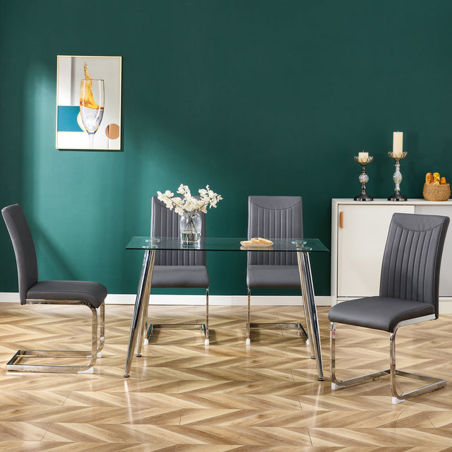 Modern Dining Plating leg Dining chair Chair, PU  Leather High Back Cushion Side  Chair with Vertical stripe backrest pattern for Dining Room Kitchen Vanity Patio Office Chair (Set of 4) (Grey+PU)