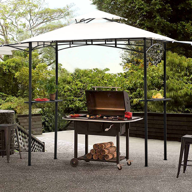 TOPMAX 13Ft.Lx4.5Ft.W Iron Double Tiered Backyard Patio BBQ Grill Gazebo with Bar Counters&Extendable Shades, White