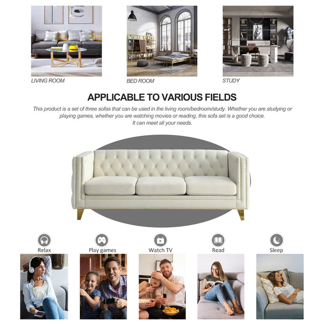 {Contact us for 3D modeling} Velvet Sofa for Living Room,Buttons Tufted Square Arm Couch, Modern Couch Upholstered Button and Metal Legs, Sofa Couch for Bedroom, Beige Velvet