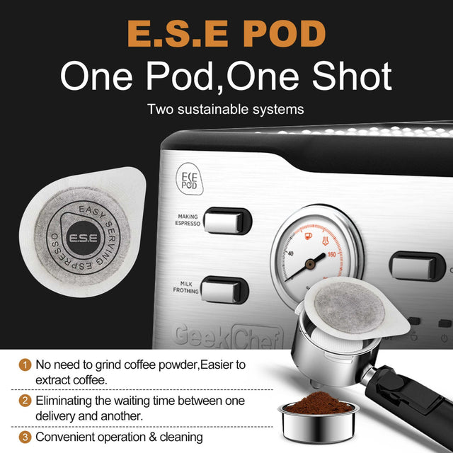 Espresso Machine 20 Bar Pump Pressure Cappuccino latte Maker Coffee Machine with ESE POD filter&Milk Frother Steam Wand&thermometer, 1.5L Water Tank, Stainless steel Espresso Complimentary ESE Filter