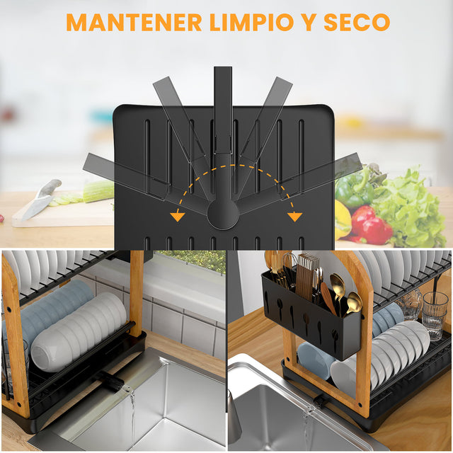 2-Tier Drying Dish Rack for Kitchen Counter, Kitchen Dishes Organizers Drain Board Metal Black