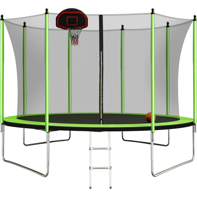 10FT Trampoline with Basketball Hoop Inflator and Ladder(Inner Safety Enclosure) Green
