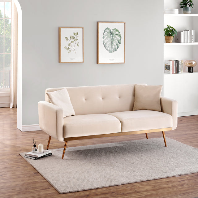 Modern beige velvet sand living room sofa with midfoot and two throw pillows
