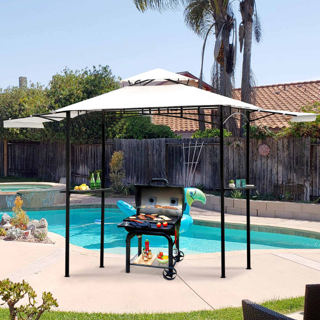 TOPMAX 13Ft.Lx4.5Ft.W Iron Double Tiered Backyard Patio BBQ Grill Gazebo with Bar Counters&Extendable Shades, White