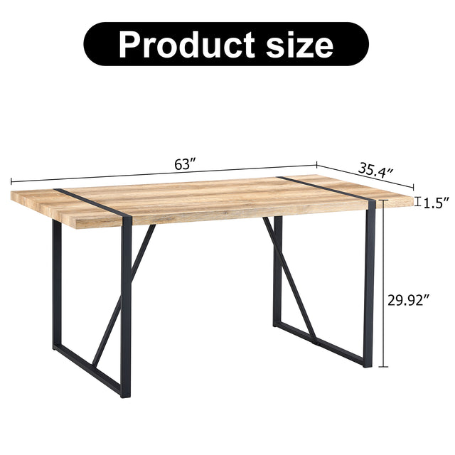 Rustic Industrial Rectangular Wood Dining Table For 4-6 Person, With 1.5" Thick Engineered Wood Tabletop and Black Metal Legs, Writing Desk For Kitchen Dining Living Room, 63" W x 35.4" D x 29.92" H
