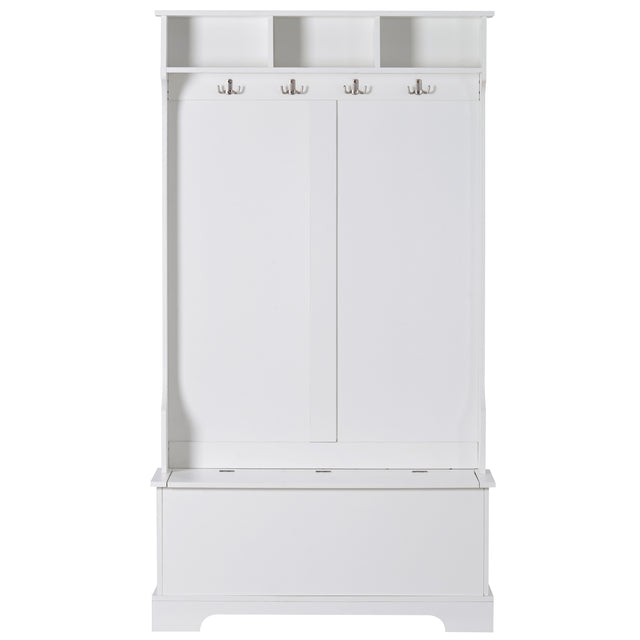 ON-TREND Hall Tree with 4 Hooks and Hinged Lid, Coat Hanger, Entryway Bench, Storage Bench, 3-in-1 Design, for Entrance, Hallway (White)