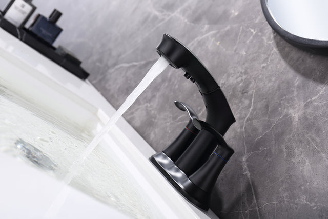 Bathroom Faucets for Sink 3 Hole,Brushed Nickel Bathroom Faucet with Pull Out Multi Functional Sprayer,Vanity Sink Faucet 2 Handle Centerset 4 inch Pull Down Faucet with 2 Water Lines,RV Camper Faucet