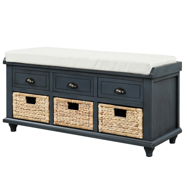 TREXM Rustic Storage Bench with 3 Drawers and 3 Rattan Baskets, Shoe Bench for Living Room, Entryway (Antique Navy)