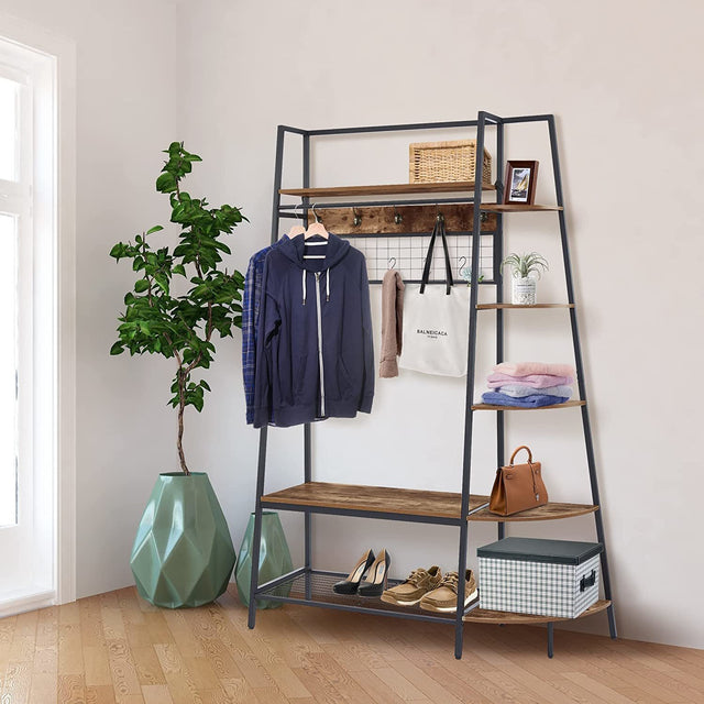 Entryway Coat Rack/ Hall Tree with Bookshelves, Multiple Hooks, and Bench Seat