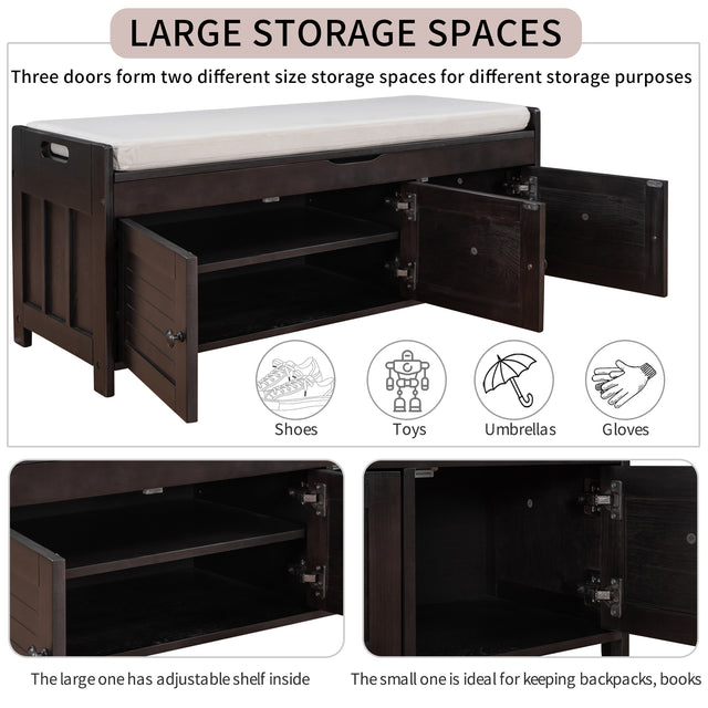 TREXM Storage Bench with 3 Shutter-shaped Doors, Shoe Bench with Removable Cushion and Hidden Storage Space (Espresso)